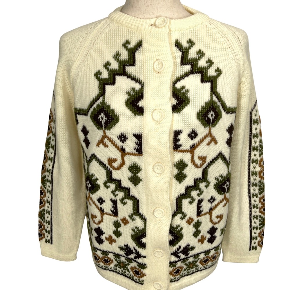 70s Kimlon Cardigan Women Medium Cream Green‎ Button Acrylic VTG